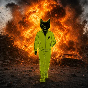 Winkcat calmly walking away from an explosion