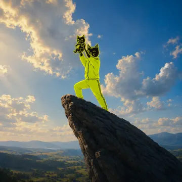 Winkcat lifting a kitten above a mountain peak