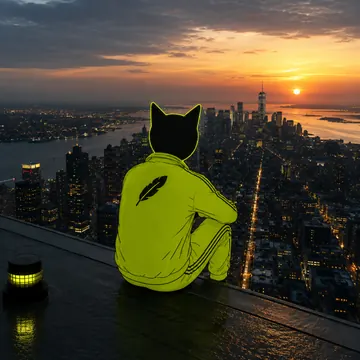 Winkcat watching the city skyline at sunset