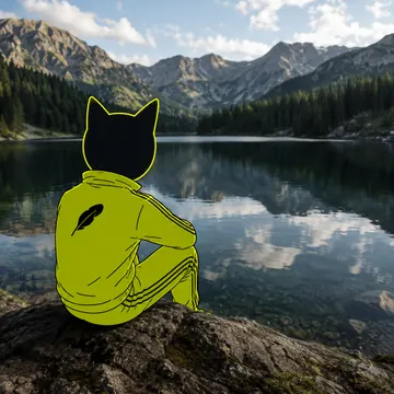 Winkcat sitting beside a quiet mountain lake