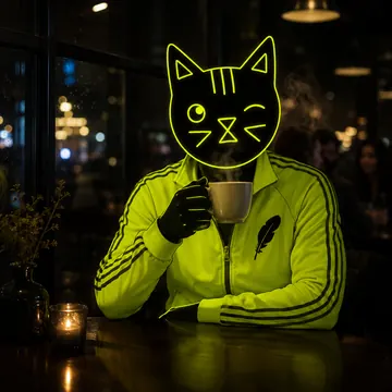 Winkcat drinking coffee in a dark cafe