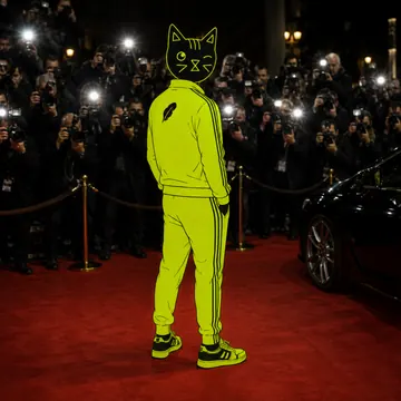 Winkcat standing on a red carpet in front of photographers