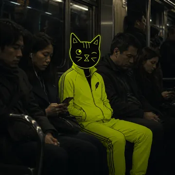 Winkcat sitting among commuters on a subway