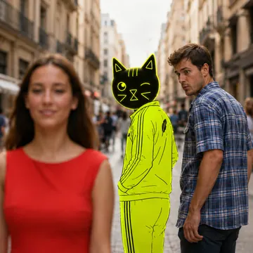 Winkcat replacing the subject of the distracted boyfriend meme