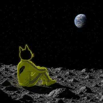 Winkcat sitting on the moon and looking back at Earth