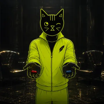 Winkcat offering a red pill and a blue pill