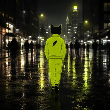 Winkcat walking alone through a rainy city street