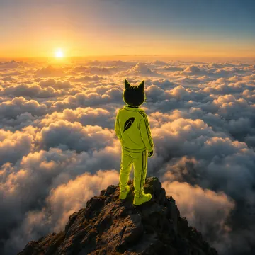 Winkcat standing above the clouds at sunrise