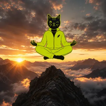 Winkcat meditating above a mountain at sunset